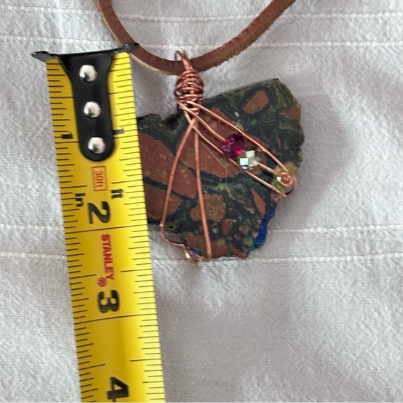 Artisan Wire Wrapped Jasper Bold Stone Pendant Necklace Handmade on Leather Cord - Picture 2 of 10